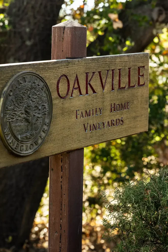 Historic wooden sign showing Oakville appellation and Gamble vineyards.