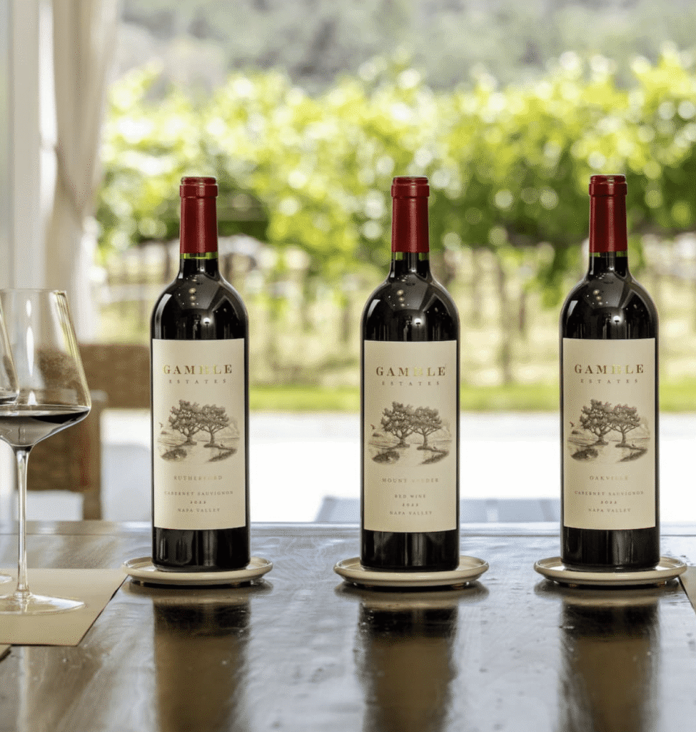 Collectable Gamble Estates wines on display at the winery