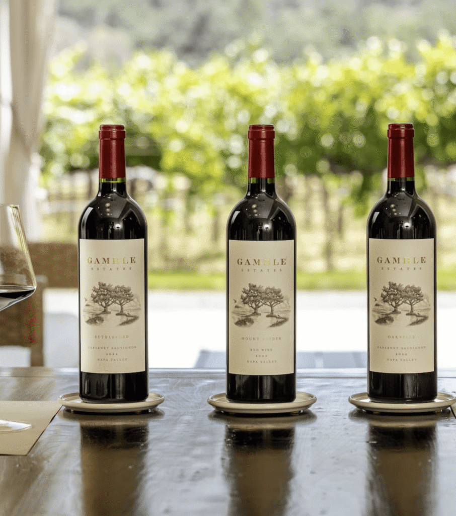 Collectable Gamble Estates wines on display at the winery